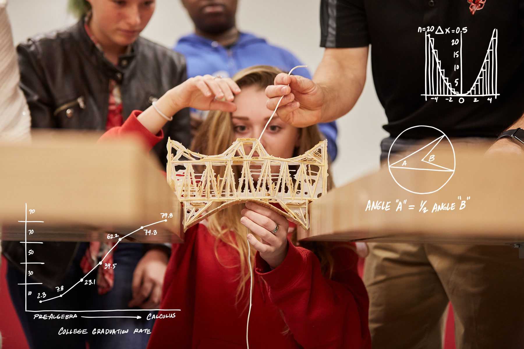 students building the model of a bridge