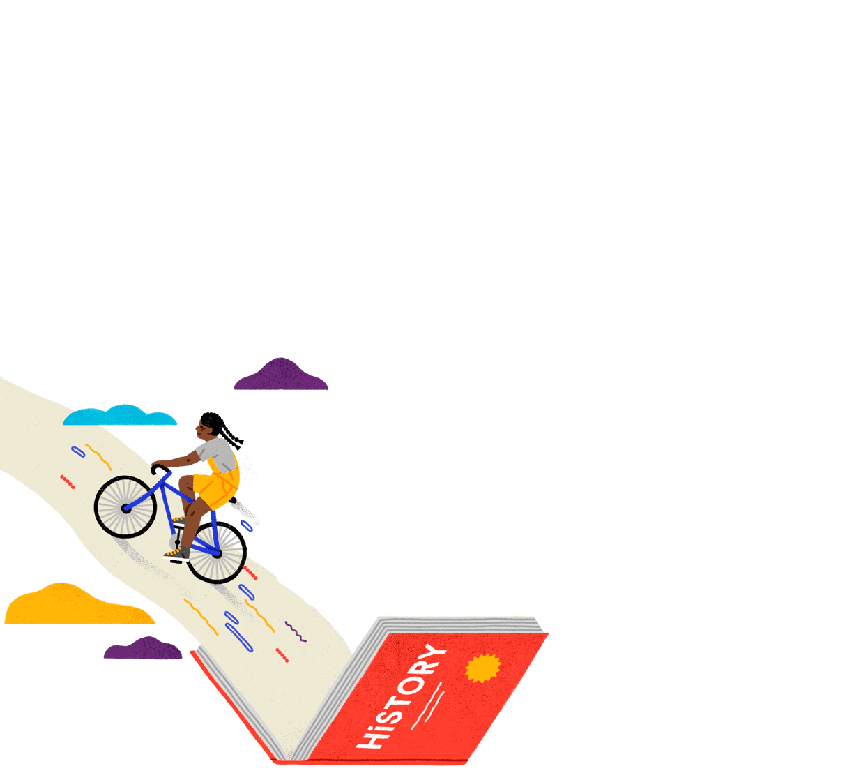 girl riding a bike on the pages of a history book