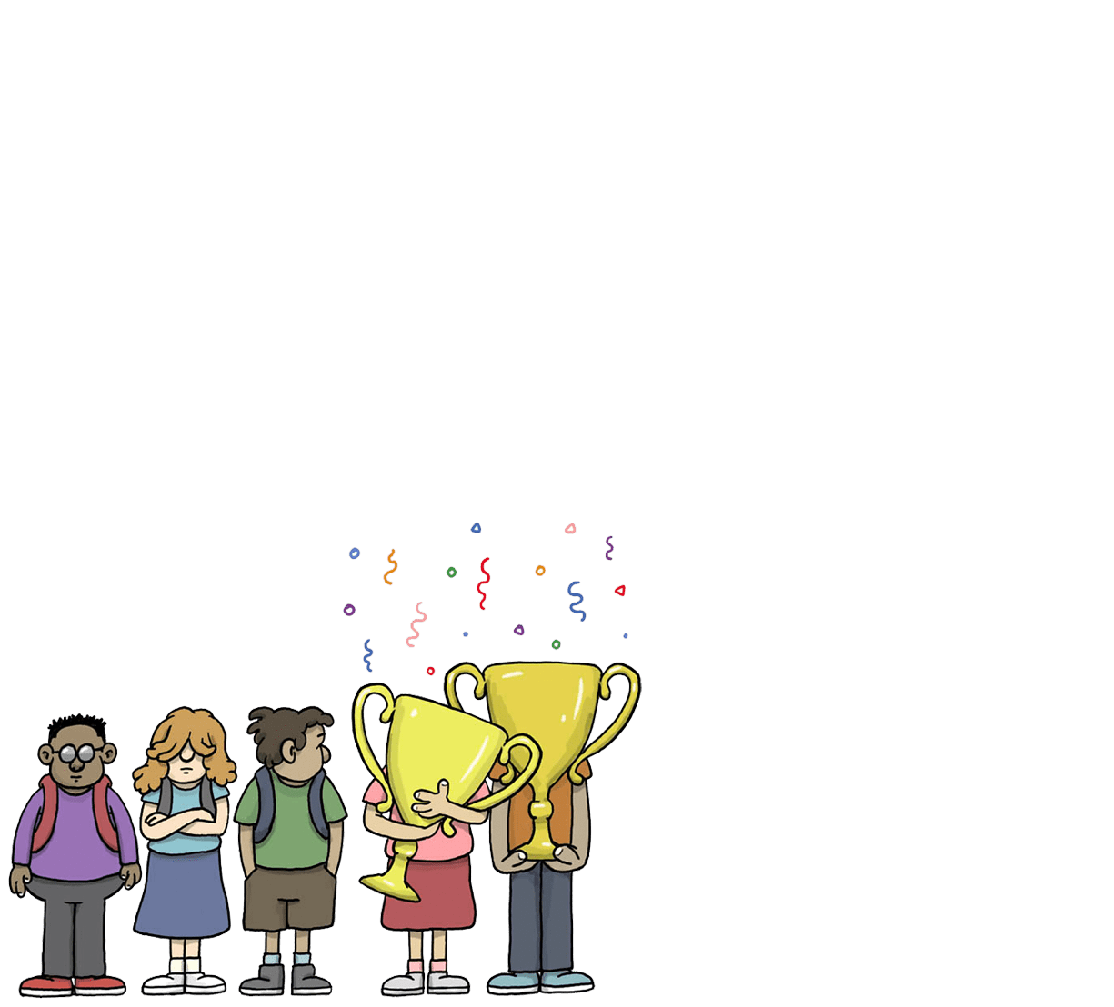 Illustration of of kids in line. Two kids holding trophies